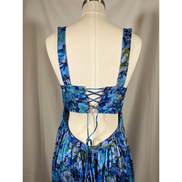 FOR LOVE & LEMONS Astor Midi Dress Blue Floral Sz L Pleated Bust Lace Up Back - Picture 6 of 16